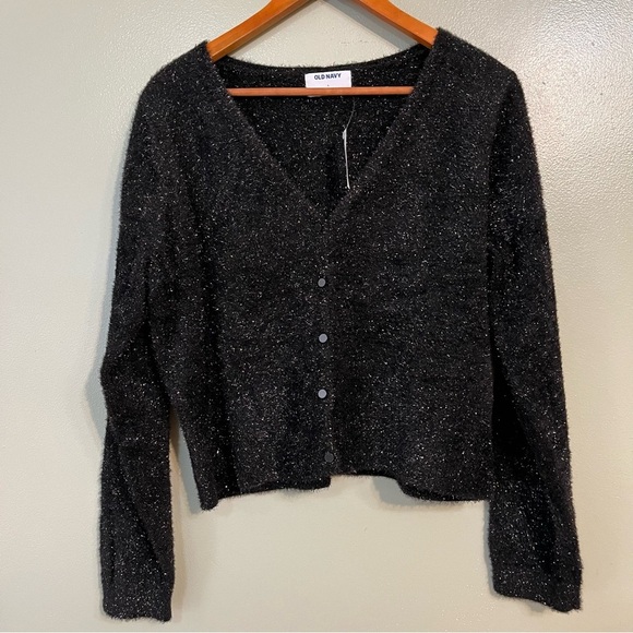 Old Navy Shimmer Black Silver Button Up Crop Cardigan Preppy Holiday L NWT - Picture 1 of 11